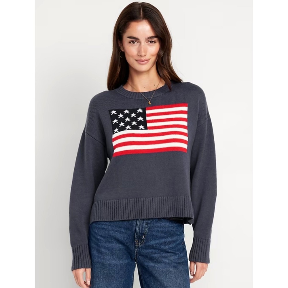 Old Navy Navy Blue Crewneck USA Flag Crew-Neck Sweater Cotton Retro Women's XS